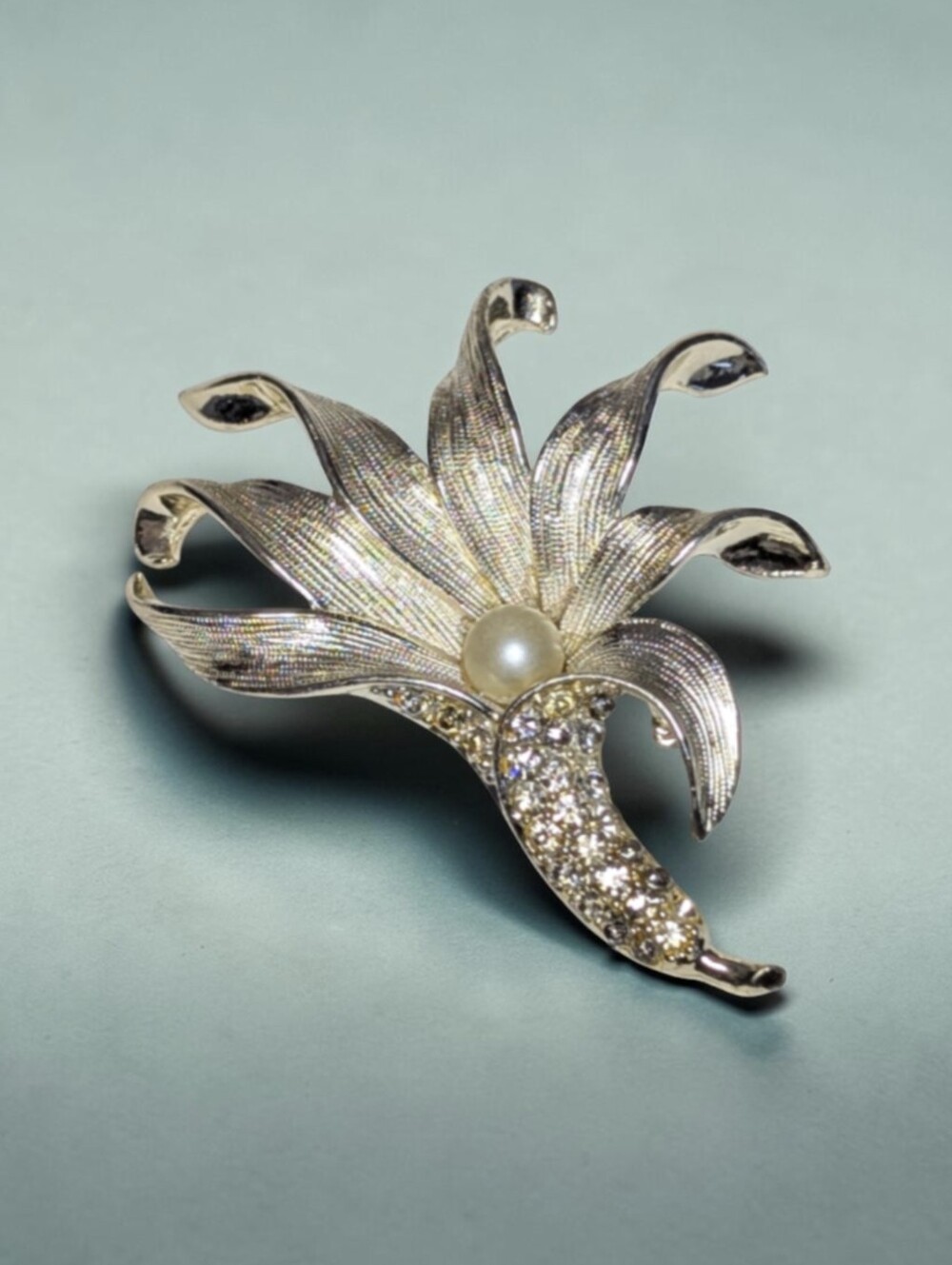 1950s Orchid Flower Brooch, Gold Tone Brushed Petals Faux Pearl Pavé Brooch
